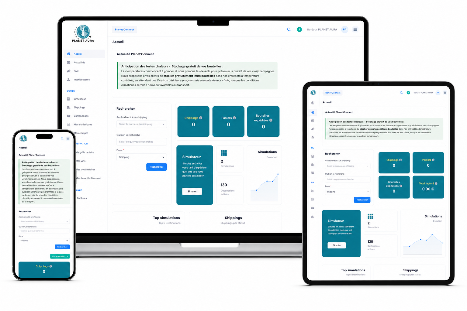 Planet'Connect Aperçu de Planet'Connect, la plateforme numérique de gestion logistique de Planet Aura accessible sur ordinateur, tablette et smartphone.