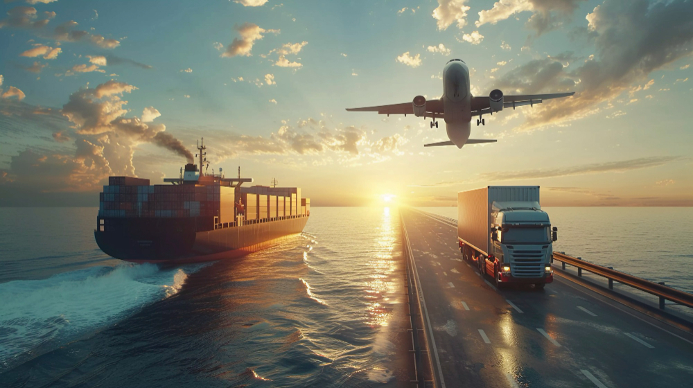 Vue d'un avion, d'un camion et d'un cargo traversant la mer, symbolisant les services de transport multimodal de Planet Aura pour l'exportation de vins et champagnes français.